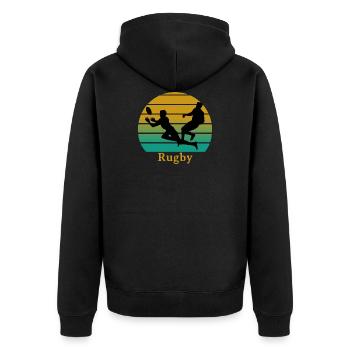 rugby sunset - Unisex Premium Organic Zip Hoodie - black - Back - Nico (187cm)
