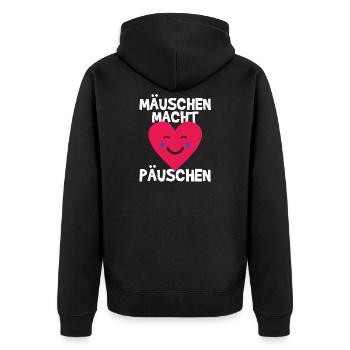 Maus, Mäuschen, macht, Päuschen, Mäuschen macht - Unisex Premium Bio Zip Hoodie - Schwarz - Hinten - Nico (187cm)