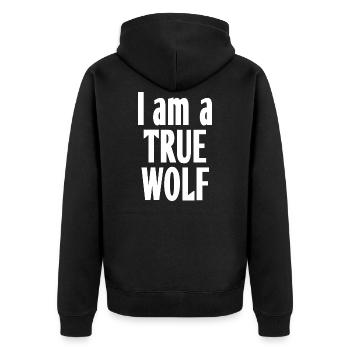 I am a true wolf (white) - Unisex Premium Bio Zip Hoodie - Schwarz - Hinten - Nico (187cm)