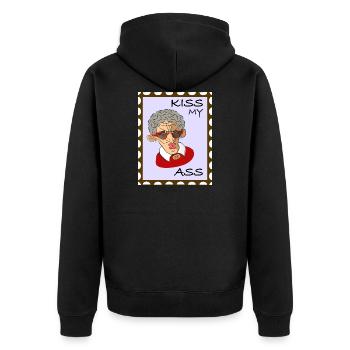 Cool old Lady - Kiss my Ass! - Unisex Premium Bio Zip Hoodie - Schwarz - Hinten - Nico (187cm)