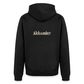 Aleksander Gothic Schrift - Unisex Premium Bio Zip Hoodie - Schwarz - Hinten - Nico (187cm)