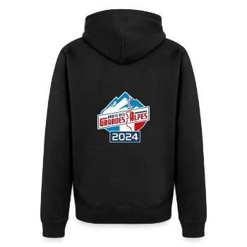 Route des Grandes Alpes Sticker | farbig | 2024 - Unisex Premium Bio Zip Hoodie - Schwarz - Hinten - Nico (187cm)