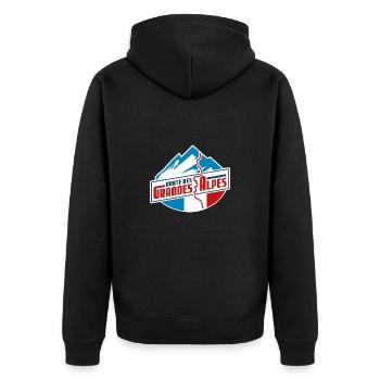 Route des Grandes Alpes Sticker | farbig | V2.0 - Unisex Premium Bio Zip Hoodie - Schwarz - Hinten - Nico (187cm)