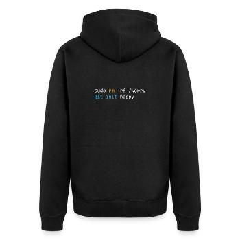 Mach dir keine Sorgen, sei glücklich, dunkel - Unisex Premium Bio Zip Hoodie - Schwarz - Hinten - Nico (187cm)