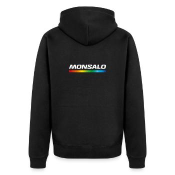 MONSALO – Humorous hijacking of the Salomon logo - Unisex Premium Organic Zip Hoodie - black - Back - Nico (187cm)