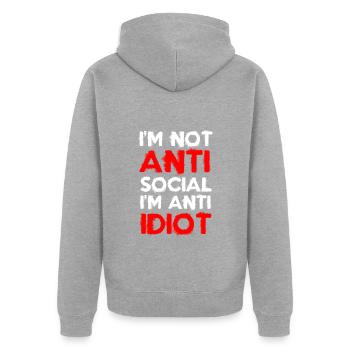 Idioten Büro Provokation - Unisex Premium Bio Zip Hoodie - Grau meliert - Hinten - Nico (187cm)