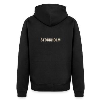 STOCKHOLM – Typographie architecturale nordique - Veste à capuche bio Premium Unisexe - noir - Dos - Nico (187cm)