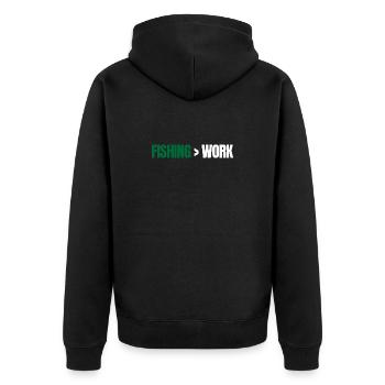 Fishing Greater Than Work – Angeln Design - Unisex Premium Organic Zip Hoodie - black - Back - Nico (187cm)