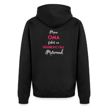Oma Hühnerstall - Unisex Premium Bio Zip Hoodie - Schwarz - Hinten - Nico (187cm)