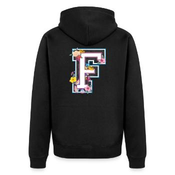 Buchstabe F im varsity Stil - Unisex Premium Bio Zip Hoodie - Schwarz - Hinten - Nico (187cm)