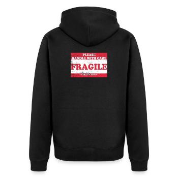 Handle With Care / Wertvoller Inhalt / Achtsamkeit - Unisex Premium Bio Zip Hoodie - Schwarz - Hinten - Nico (187cm)