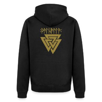 Valhalla in runes with Valknut, symbol of Odin - Unisex Premium Organic Zip Hoodie - black - Back - Nico (187cm)