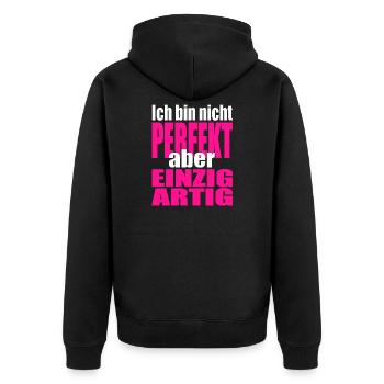 Nicht perfekt, einzigartig in Pink - Unisex Premium Bio Zip Hoodie - Schwarz - Hinten - Nico (187cm)