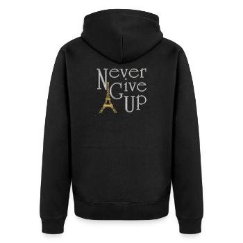 NEVER GIVE UP Silber Eiffelturm Gold - Unisex Premium Bio Zip Hoodie - Schwarz - Hinten - Nico (187cm)