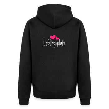 Lieblingsplatz Kissen mit Herz Geschenk - Unisex Premium Bio Zip Hoodie - Schwarz - Hinten - Nico (187cm)