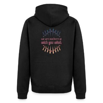 We are not here at wish you what Denglisch Retro - Unisex Premium Bio Zip Hoodie - Schwarz - Hinten - Nico (187cm)