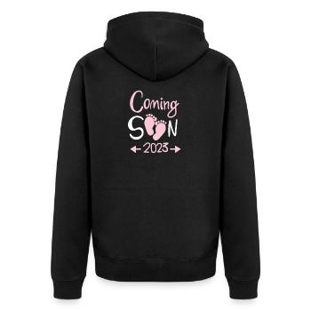 Schwangerschaft 2023 - Schwanger - Unisex Premium Bio Zip Hoodie - Schwarz - Hinten - Nico (187cm)