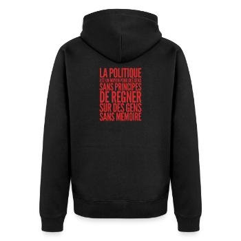 Citation Politique Voltaire - Humour noir - Veste à capuche bio Premium Unisexe - noir - Dos - Nico (187cm)