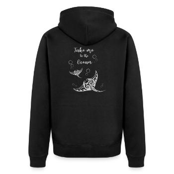 "Take me to the Ocean" Slogan mit zwei Mantas - Unisex Premium Bio Zip Hoodie - Schwarz - Hinten - Nico (187cm)