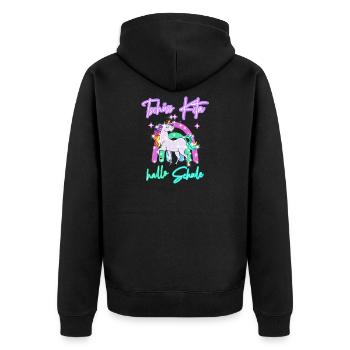 Tschüss Kita! hallo Schule Regenbogen Einhorn - Unisex Premium Bio Zip Hoodie - Schwarz - Hinten - Nico (187cm)