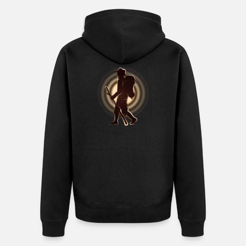 Pilger oder Wanderer mit Wanderstab & Rucksack - Unisex Premium Bio Zip Hoodie - Schwarz