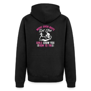 Move Over Boys Let The Girls Triathlon - Unisex Premium Organic Zip Hoodie - black - Back - Nico (187cm)
