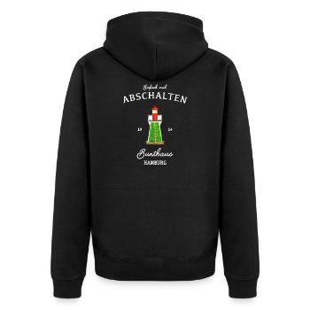 Hamburg Bunthaus, Einfach mal abschalten - Unisex Premium Bio Zip Hoodie - Schwarz - Hinten - Nico (187cm)