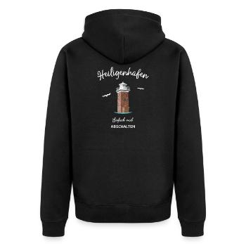 Heiligenhafen Zeichnung des Leuchtturms - Unisex Premium Bio Zip Hoodie - Schwarz - Hinten - Nico (187cm)