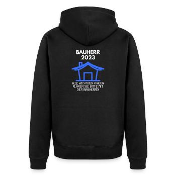 Bauherr 2023 Hausbau Baustelle Richtfest Geschenk - Unisex Premium Bio Zip Hoodie - Schwarz - Hinten - Nico (187cm)