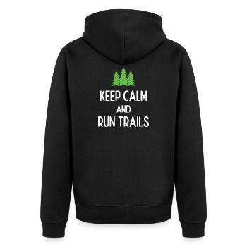 Ruhe bewahren und Trails laufen - Unisex Premium Bio Zip Hoodie - Schwarz - Hinten - Nico (187cm)