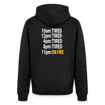 Müde den ganzen Tag, aber nachts in Flammen - Unisex Premium Bio Zip Hoodie - Schwarz - Hinten - Nico (187cm)