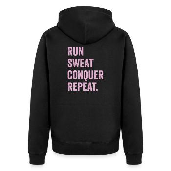 Run. Sweat. Conquer. Repeat. - Unisex Premium Organic Zip Hoodie - black - Back - Nico (187cm)