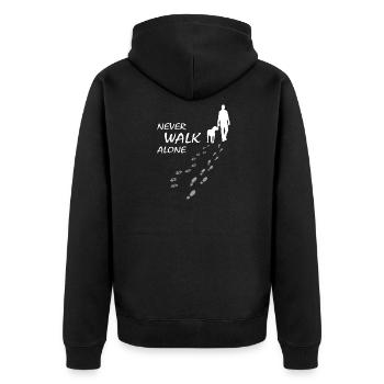 Never walk alone - Hund Herrchen Gassi, Backprint - Unisex Premium Bio Zip Hoodie - Schwarz - Hinten - Nico (187cm)
