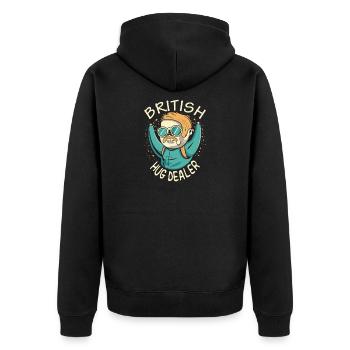 Funny 'British Hug Dealer' Tee - Unisex Premium Organic Zip Hoodie - black - Back - Nico (187cm)