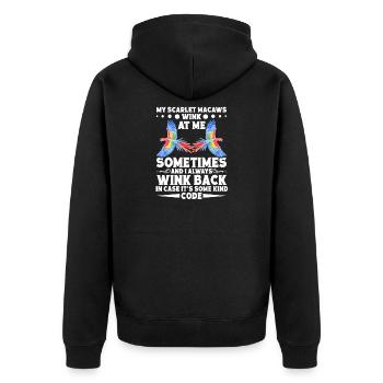 Meine Scharlachroten Aras zwinkern mir manchmal zu - Unisex Premium Bio Zip Hoodie - Schwarz - Hinten - Nico (187cm)