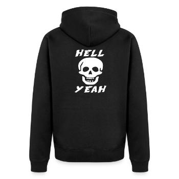 Steinkalter Schädel, Hölle, yeah - Unisex Premium Bio Zip Hoodie - Schwarz - Hinten - Nico (187cm)