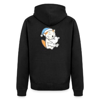 Schlafen Müde - Katze mit Kissen und Schlafmütze - Unisex Premium Bio Zip Hoodie - Schwarz - Hinten - Nico (187cm)