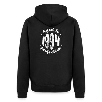 Gealtert bis 1994 Perfektion - Unisex Premium Bio Zip Hoodie - Schwarz - Hinten - Nico (187cm)
