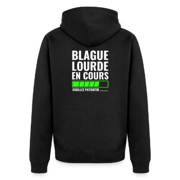 heavy joke in progress please wait - Unisex Premium Organic Zip Hoodie - black - Back - Nico (187cm)
