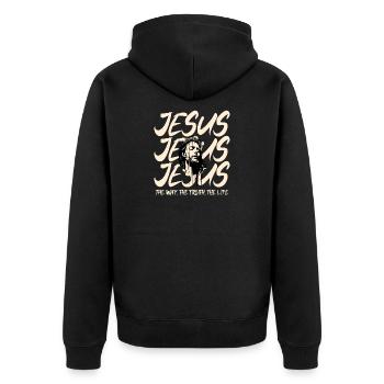 Jesus mit Dornenkrone Motiv - Unisex Premium Bio Zip Hoodie - Schwarz - Hinten - Nico (187cm)