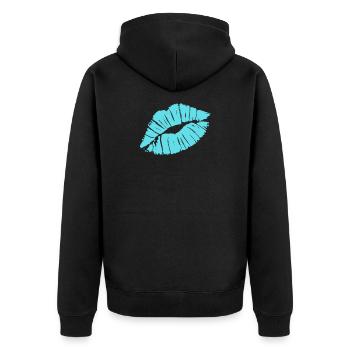 Smooch Blauer Lippenstift Kiss Mark Love Statement T-Shirt - Unisex Premium Bio Zip Hoodie - Schwarz - Hinten - Nico (187cm)