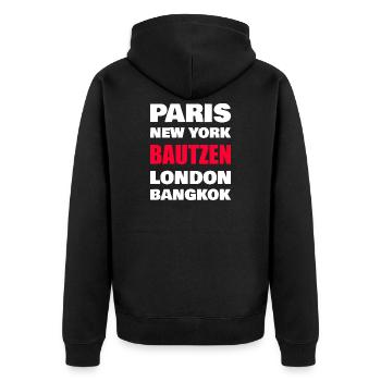 Bautzen Shirt – lustiges Heimat Design - Unisex Premium Bio Zip Hoodie - Schwarz - Hinten - Nico (187cm)
