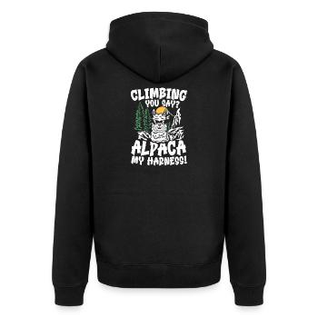 climbing you say alpaca my harness - Unisex Premium Bio Zip Hoodie - Schwarz - Hinten - Nico (187cm)