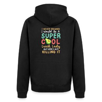 Mitarbeiterin der Schulcafeteria als Kantinendame - Unisex Premium Bio Zip Hoodie - Schwarz - Hinten - Nico (187cm)