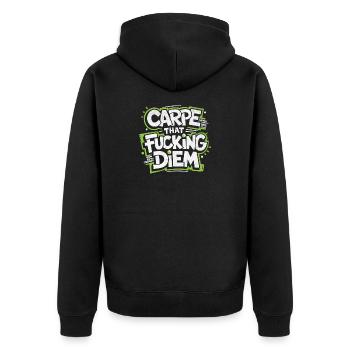 CARPE that... DIEM | Cooles Streetwear-Typo-Shirt - Unisex Premium Bio Zip Hoodie - Schwarz - Hinten - Nico (187cm)