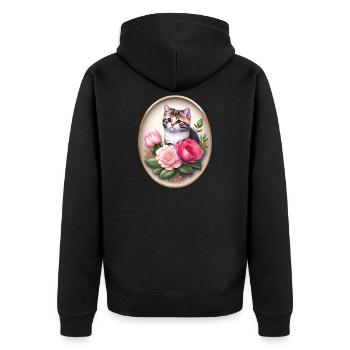Vintage Katzenportrait mit Rosen - Unisex Premium Bio Zip Hoodie - Schwarz - Hinten - Nico (187cm)