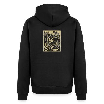 Lilien - Holzschnitt - Frühling - Sommer - Spruch - Unisex Premium Bio Zip Hoodie - Schwarz - Hinten - Nico (187cm)