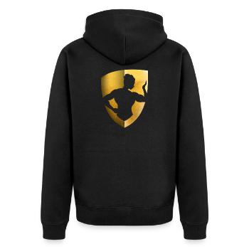 LOGO FRAU FITNESS - Unisex Premium Bio Zip Hoodie - Schwarz - Hinten - Nico (187cm)