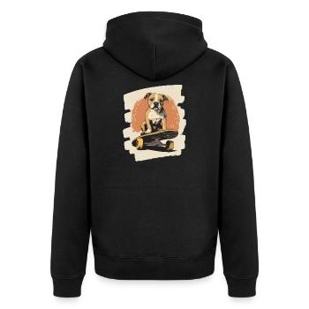 Amerikanische Bulldogge Hund auf Skateboard - Unisex Premium Bio Zip Hoodie - Schwarz - Hinten - Nico (187cm)