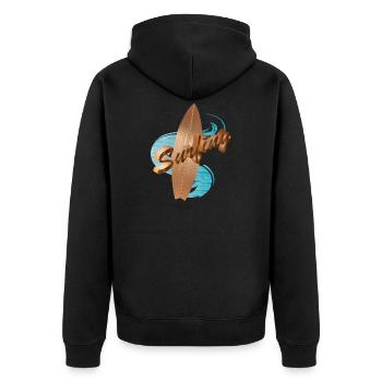 Surfbrett Holzdesign mit Surfing Typografie - Unisex Premium Bio Zip Hoodie - Schwarz - Hinten - Nico (187cm)
